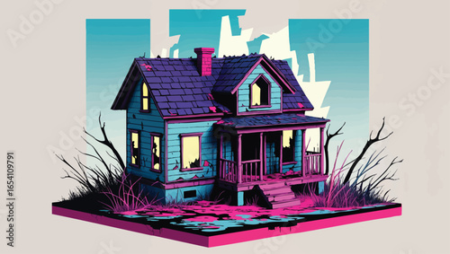 Haunted Hilltop Cottage: Spooky Abandoned House with Glowing Windows at Dusk