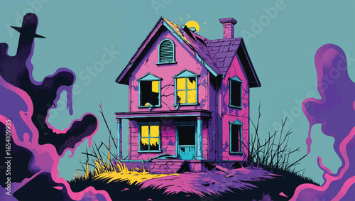 Haunted Hilltop Cottage: Spooky Abandoned House with Glowing Windows at Dusk