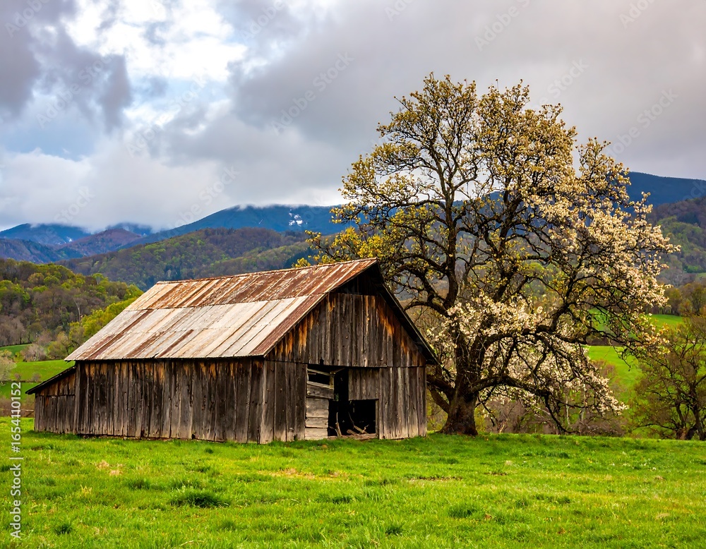 Fototapeta premium Rustic barn in a springtime meadow
