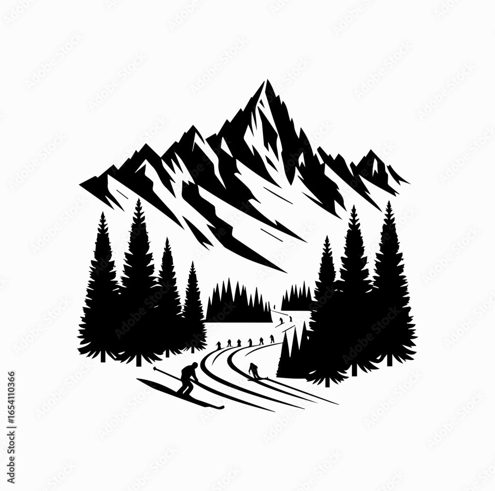 Obraz premium French Alps with Skiers Silhouette – Iconic France Mountain Tourism Vector