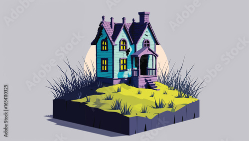 Haunted Hilltop Cottage: Spooky Abandoned House with Glowing Windows at Dusk