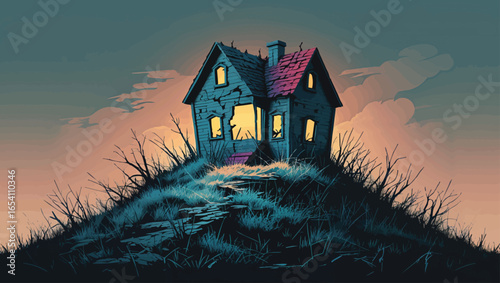 Haunted Hilltop Cottage: Spooky Abandoned House with Glowing Windows at Dusk