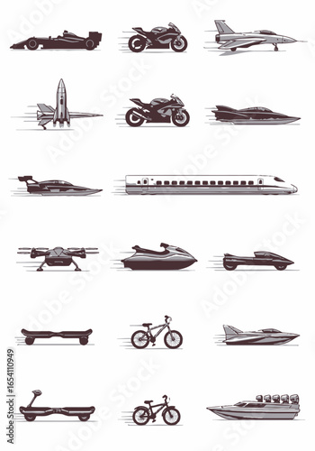 Collection of various transportation vehicles in motion, including land, air, and water transport.