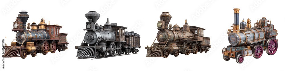 Naklejka premium Vintage steam locomotives showcasing intricate details on transparent background