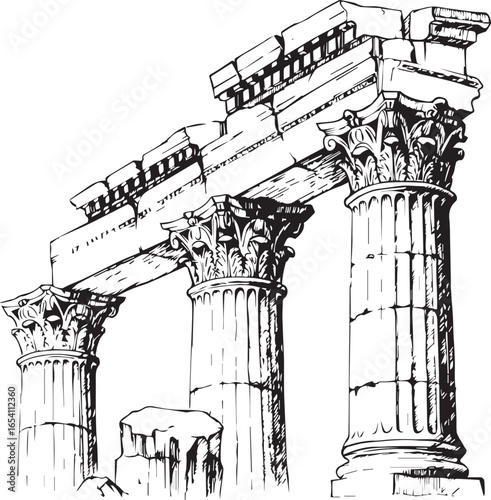 Black and White Sketch of Ancient Greek Corinthian Columns and Architrave architecture roman