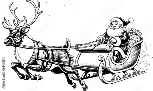 a black and white drawing of Santa Claus riding in a sleigh pulled by a reindeer