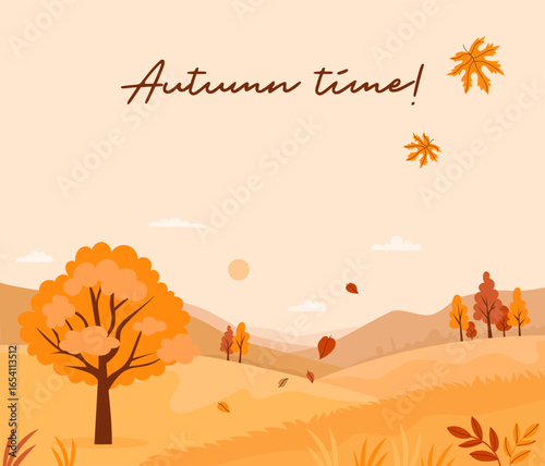 Autumn Time. Autumnal landscape with trees and falling leaves poster. Minimal flat fall square background. Vector illustration. Perfect for seasonal banners. Not AI.