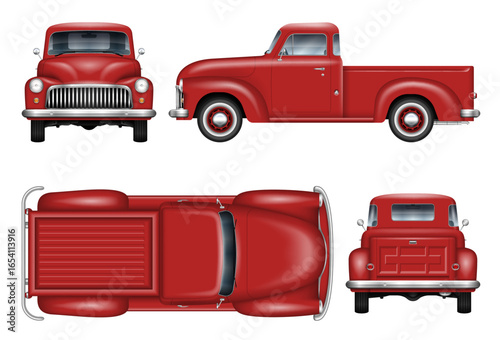 Retro car vector mockup on white background. Isolated red pickup truck view from side, front, back, top. All elements in the groups on separate layers for easy editing and recolor.