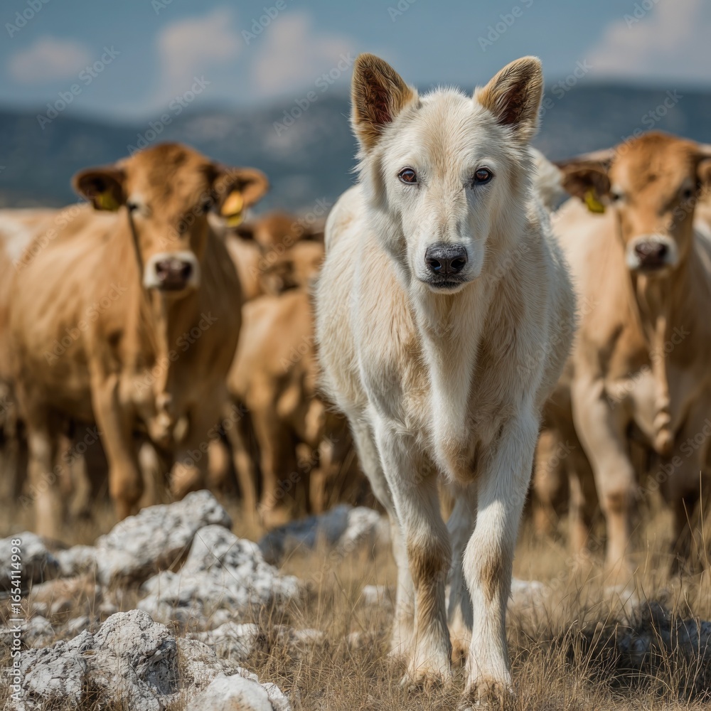 Fototapeta premium White Dog Guarding Cattle in Pasture