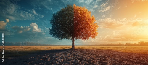 a single tree dividing two worlds, one side lush green with grass and leaves, the other side dry barren desert, dramatic contrast symbolizing climate change and environmental impact