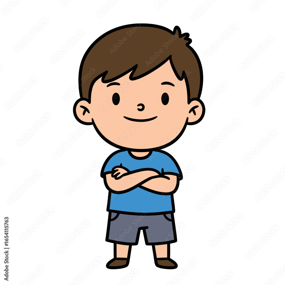 Cute cartoon boy with brown hair and a blue shirt smiling confidently with arms crossed. Cute cartoon boy with brown hair and a blue shirt smiling confidently with arms crossed.