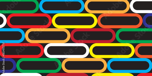 The pattern is an elongated oval shape with rounded corners in various bright colors (red, green, blue, yellow, orange, and white) and arranged in horizontal rows on a black background.