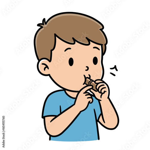 Cute cartoon boy with brown hair and a blue tshirt blowing into a small wooden whistle.