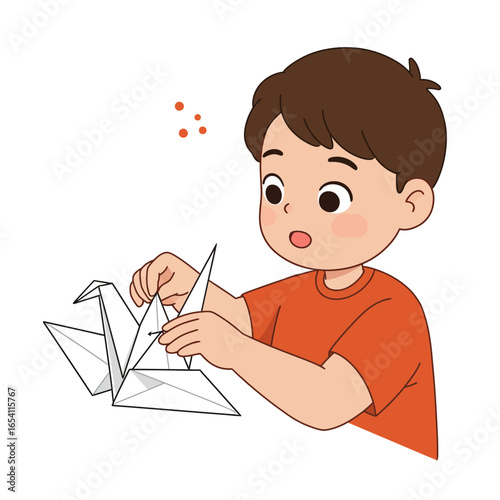 Cute cartoon boy with brown hair and a surprised look carefully folding a white origami paper crane.
