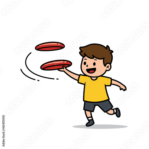 Cute cartoon boy in a yellow shirt and grey shorts running and throwing a red frisbee with a happy expression.