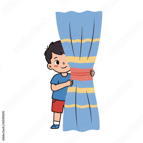Cute cartoon boy with black hair and a friendly smile peeking from behind a colorful striped curtain.