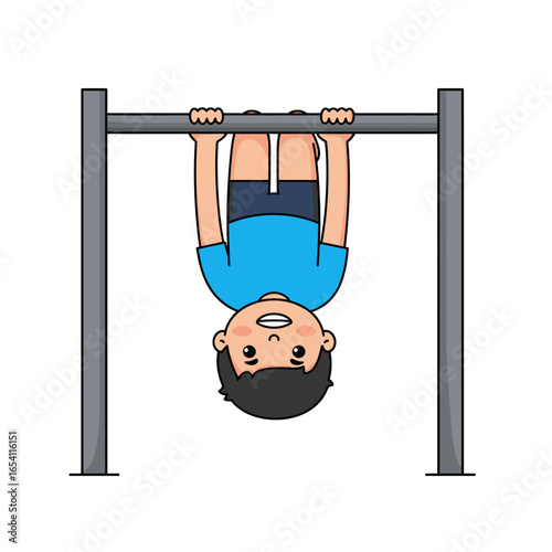 Cute cartoon boy with black hair hanging upside down from a horizontal bar smiling playfully.