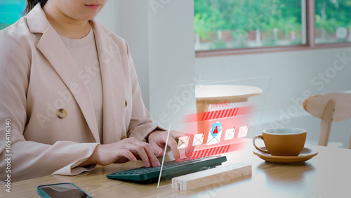 Bild auf Leinwand Businesswoman receiving a cybersecurity warning about a phishing email scam and malware attack on a futuristic holographic interface, illustrating a data breach and internet security threat