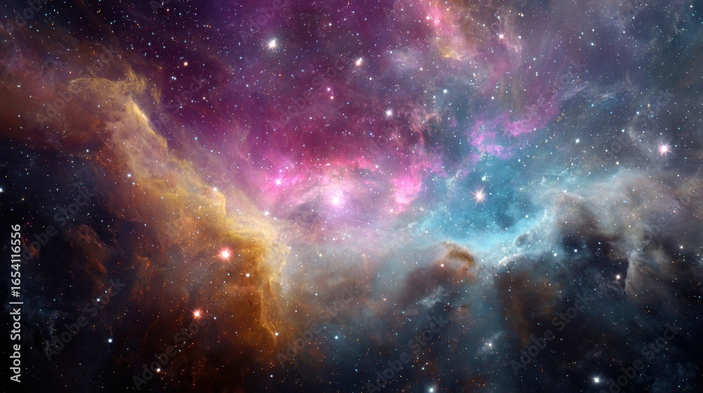Fototapeta premium High definition photo of high definition photo of colorful cosmic nebula with stars, vibrant pink, blue, and yellow hues blend in dreamy space scene full of wonder and beauty.