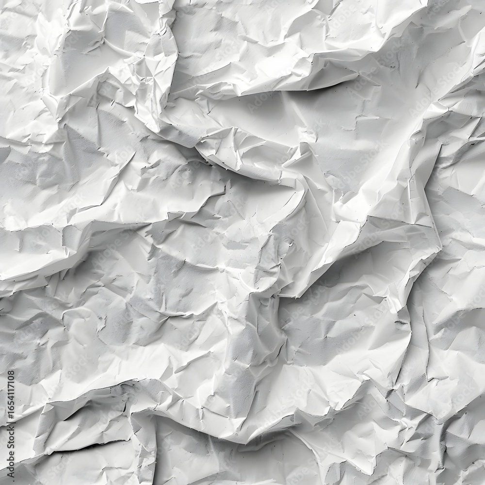 Obraz premium Crumpled white paper texture showcasing intricate folds and shadows, ideal for background use