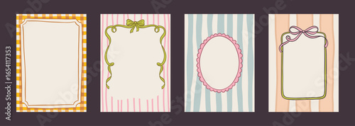 Elegant hand drawn frame set with vintage swirls, ribbons, and bows. Whimsical doodle borders for wedding invitations, greeting cards, or romantic minimalist designs