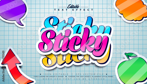 Sticker Text Effect Design Editable Illustrator Graphic Style with Customizable Colorful Doodle Font on Checkered Paper Background. Vector Premium Typography Lettering Illustration for Education