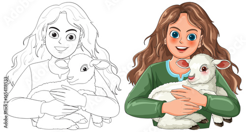 Smiling Girl Holding Lamb in Cartoon Vector Style