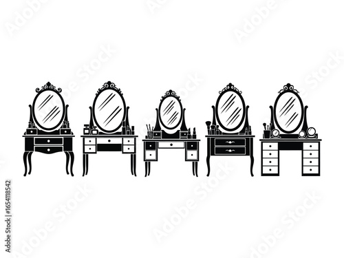 Vanity Ensemble: A collection of meticulously crafted vanity tables, each adorned with ornate mirrors, a testament to the beauty of form and function. capturing timeless elegance