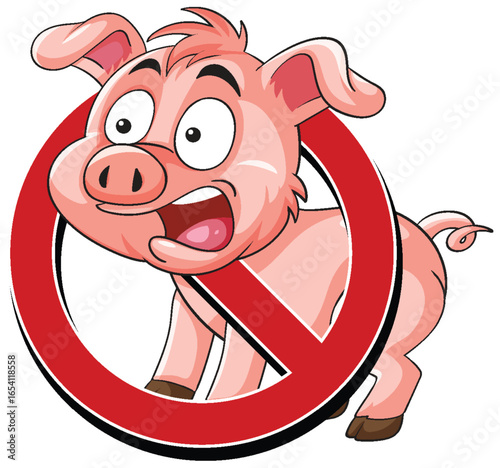 Cartoon Pig with Prohibition Symbol Vector Illustration