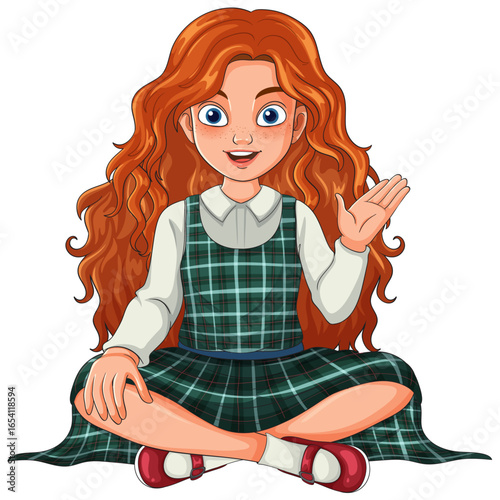 Red-Haired Girl in Plaid Dress Sitting Cross-Legged