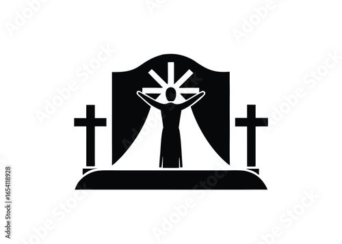 Vector art of black and illustration of a person with arms raised between two crosses, with light emanating from above, isolated