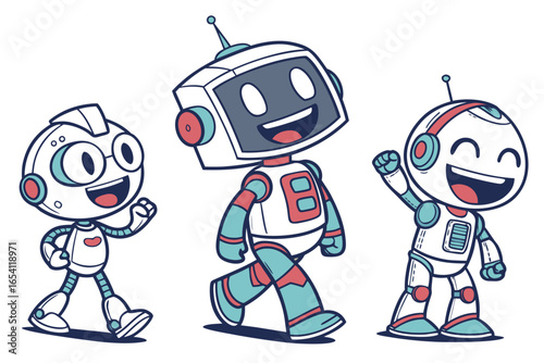 Three happy cartoon robots walking and smiling together