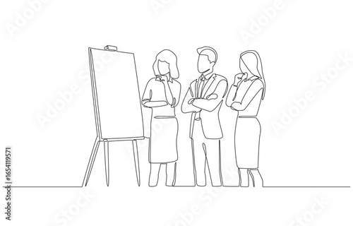 Continuous one line drawing of businesspeople standing together thoughtfully in front of presentation board, business meeting, brainstorming session, strategic planning concept, single line art