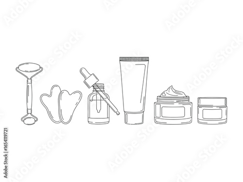 Skincare Ritual: An elegant collection of skincare essentials artfully arranged, illustrating the serene routine of self-care and beauty, meticulously detailed for cosmetic and wellness themes.