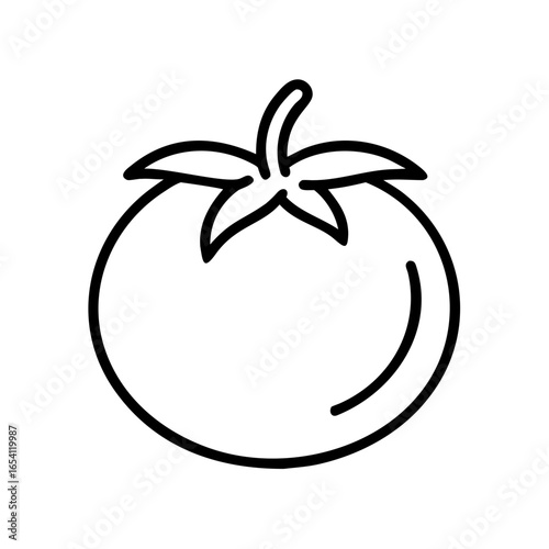 Line art illustration of a tomato with leaves on white background  