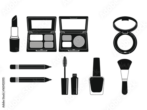 Beauty Essentials: A collection of essential cosmetic items, including lipstick, eyeshadow, and other beauty supplies. 
