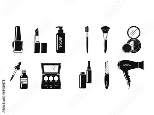 Cosmetic Essentials Illustration: An illustrative monochrome arrangement showcasing essential cosmetic items, each meticulously drawn to capture their distinct form, a visual symphony of beauty tools