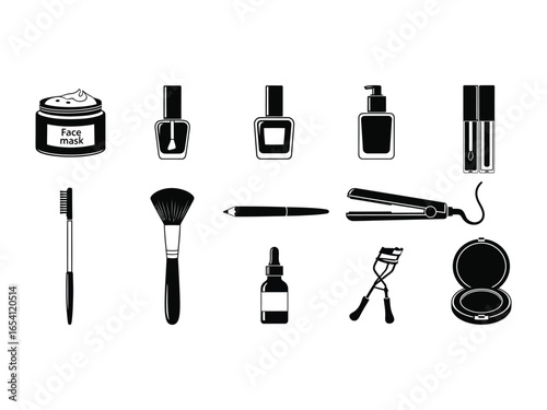 Beauty Essentials Collection: A stylized array of beauty products, perfect for illustrating cosmetic routines. Showcasing a range of tools and treatments from skincare to finishing touches.