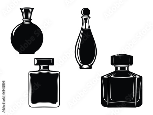 Elegant Fragrance Vessels: An artistic composition of four exquisitely designed perfume bottles, each a testament to the elegance and allure of fragrance.