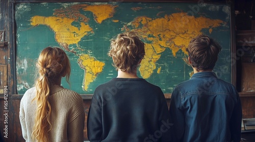 Three people observing an old world map in a classroom with vintage atmosphere and educational setting