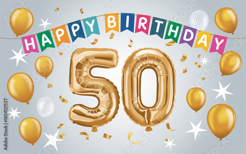 Happy 50th birthday celebration background with gold balloons.