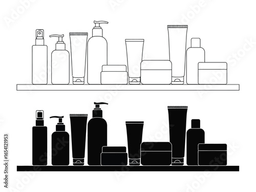Cosmetic Collection in Monochrome: A sleek collection of cosmetic products in monochrome, showcasing a range of bottles, tubes, and jars in an elegant, minimalistic arrangement.