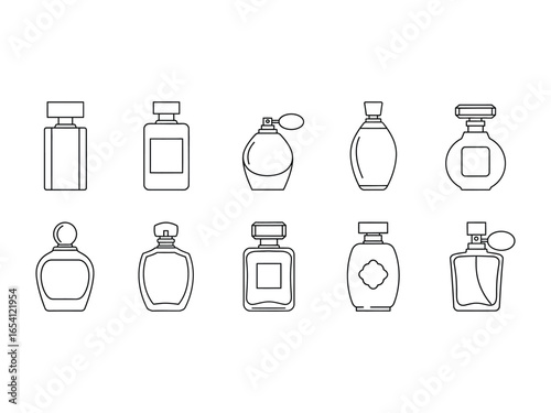 Elegant Essence: A collection of sleek, minimalist perfume bottle illustrations, each distinct in design, conveying a sense of sophistication and subtle beauty.