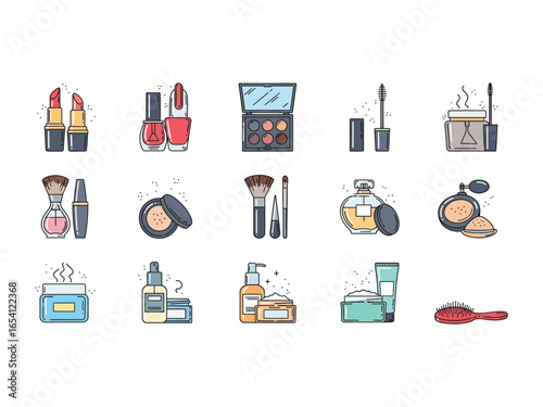 Cosmetic and Beauty Products: A colorful array of essential makeup and skincare products arranged in an artistic flat lay composition. Perfect for beauty, fashion, and cosmetic-related themes. 