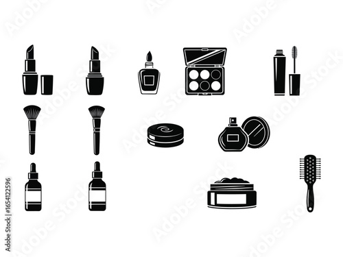 Beauty Essentials: A collection of meticulously crafted makeup products, meticulously arranged, embodying beauty and style in a striking monochrome aesthetic.