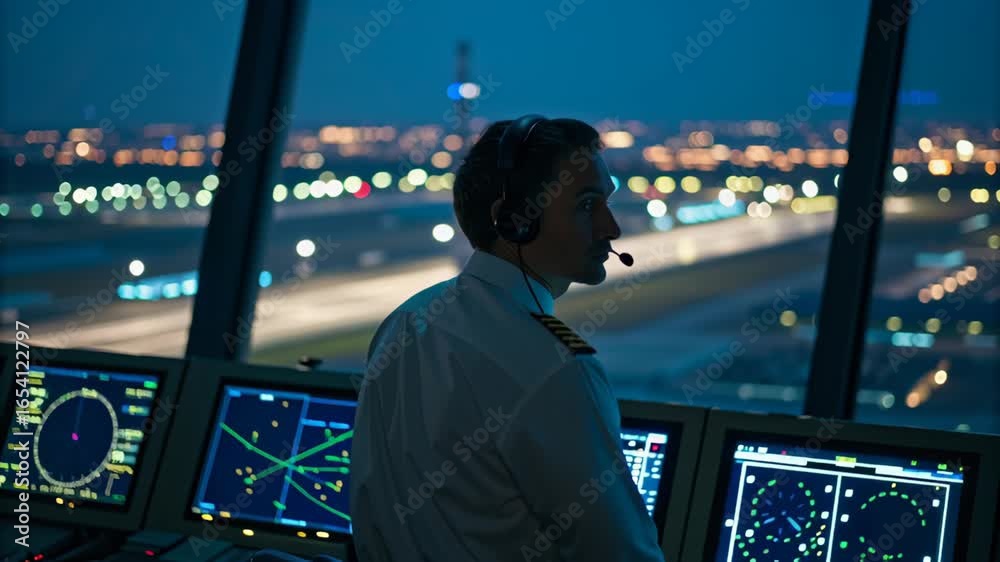 Air traffic controller airport control tower night radar runway aviation technology monitors flight disruption night airport control tower with