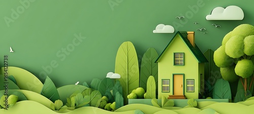 Green home promotion graphic with eco house and copy space 