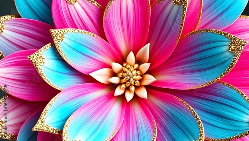 Luxury macro abstract flower in 4K with glossy turquoise magenta peach cream petals gold glitter gemstone
