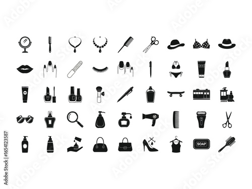 Beauty Icons: A collection of meticulously crafted beauty icons, rendered in crisp monochrome, offering a comprehensive visual guide to the world of beauty, fashion, and self-care. 