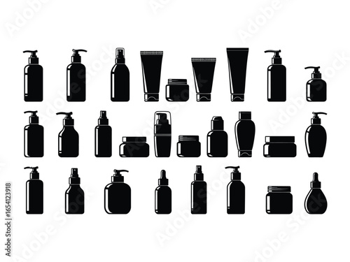 Cosmetic Container Collection: A meticulously curated collection of cosmetic containers, meticulously arranged and presented in sleek silhouettes.